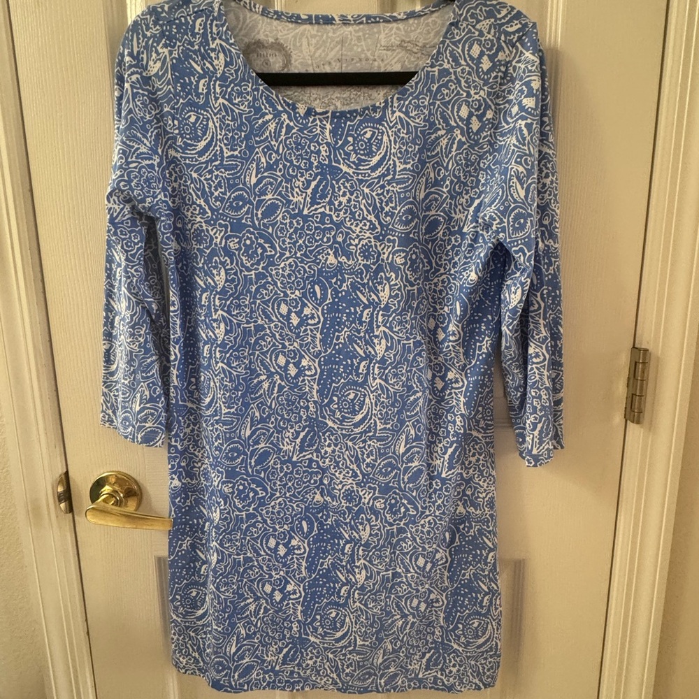 Blue and White Paisley Long-Sleeve Shift Dress